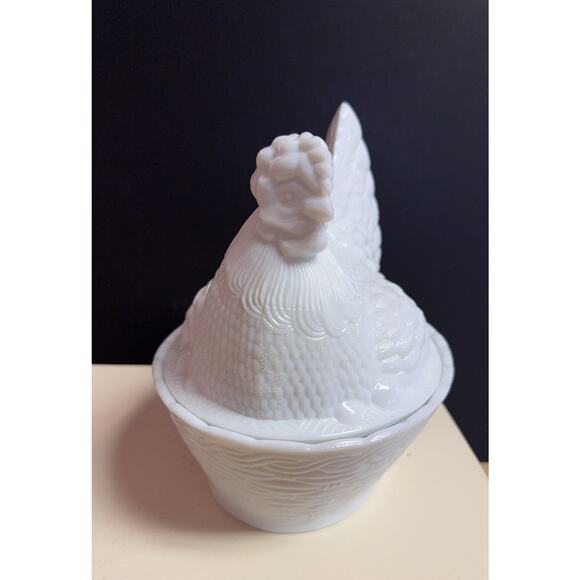 Vtg Mid Century Milk Glass Chicken on Basket Egg Holder - Picture 2 of 4